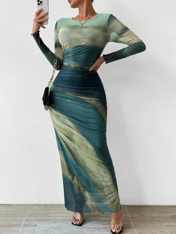 Fashion Mesh Printing Pleated Sexy Tight Split Crewneck dress - Image 6