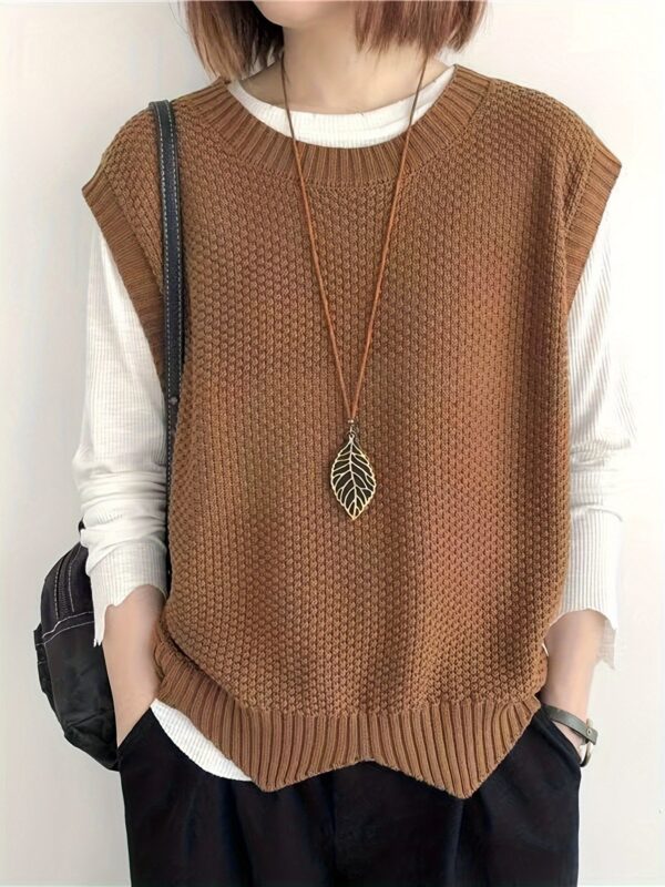 Solid Crew Neck Knitted Vest - Image 2