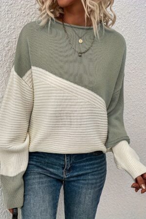 Stylish Color Block Crew Neck Sweater - Pullovers for Women - Soft, Elegant, and Cozy Drop Shoulder Long Sleeve Sweater for Fall and Winter Seasons