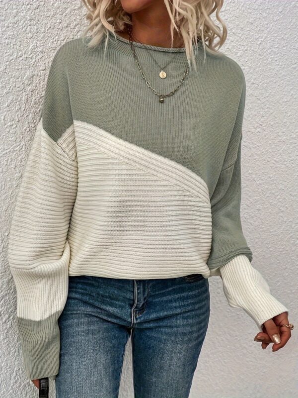 Stylish Color Block Crew Neck Sweater - Pullovers for Women - Soft, Elegant, and Cozy Drop Shoulder Long Sleeve Sweater for Fall and Winter Seasons