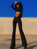 Solid Black High Waist Flare Leggings with Open Navel Criss Cross Straps