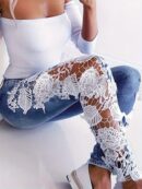 Vibrant Hollow Out Lace Contrast Jeans - Elegant, Skinny Fit, Stretchy Denim Pants with Fairy Core Design - Women's Fashionable Denim Clothing for Chic Style