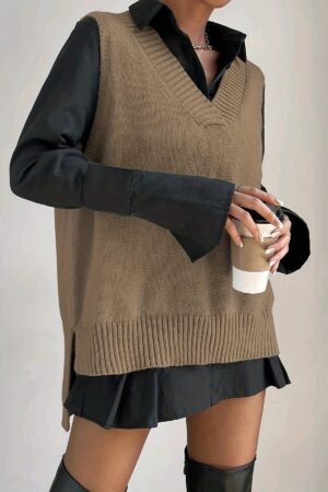 Plus Size Women's Solid V Neck Casual Sweater Vest