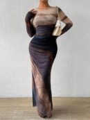 Fashion Mesh Printing Pleated Sexy Tight Split Crewneck dress