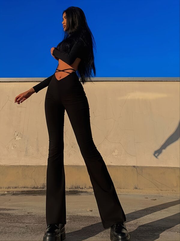 Solid Black High Waist Flare Leggings with Open Navel Criss Cross Straps - Image 2