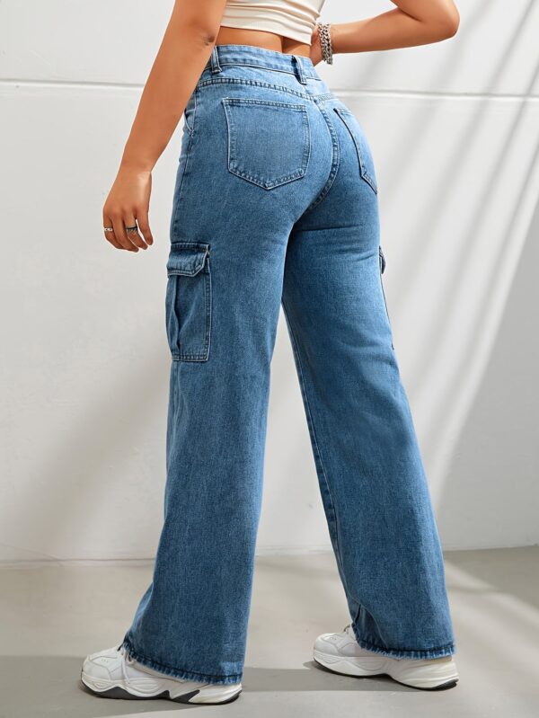 Women's Casual Wide Leg Denim Cargo Pants - Image 10