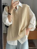 Solid V Neck Cable Knit Vest - Women's Casual Clothing - Sleeveless Loose Fit Versatile Sweater Vest for Everyday Wear, Comfortable and Stylish