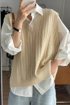 Solid V Neck Cable Knit Vest - Women's Casual Clothing - Sleeveless Loose Fit Versatile Sweater Vest for Everyday Wear, Comfortable and Stylish