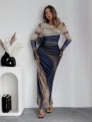 Fashion Mesh Printing Pleated Sexy Tight Split Crewneck dress