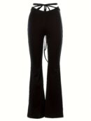 Solid Black High Waist Flare Leggings with Open Navel Criss Cross Straps