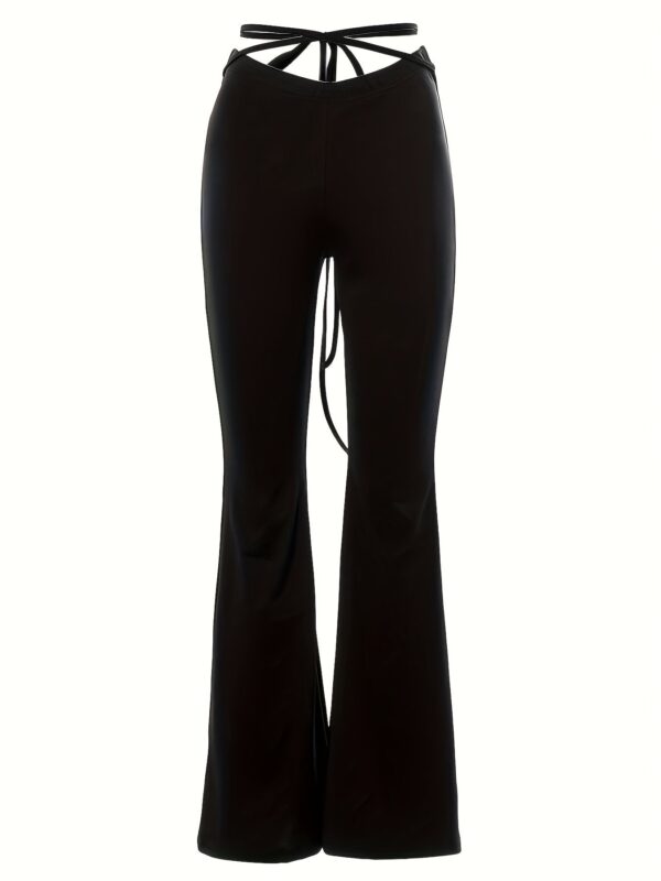 Solid Black High Waist Flare Leggings with Open Navel Criss Cross Straps - Image 7