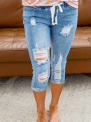 Mid-Calf Beach Distressed Denim Capri Pants
