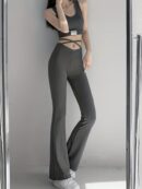 Solid Black High Waist Flare Leggings with Open Navel Criss Cross Straps