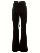 Solid Black High Waist Flare Leggings with Open Navel Criss Cross Straps