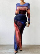 Fashion Mesh Printing Pleated Sexy Tight Split Crewneck dress