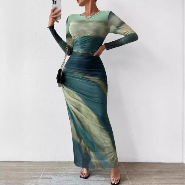 Fashion Mesh Printing Pleated Sexy Tight Split Crewneck dress