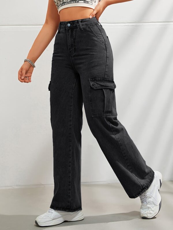 Women's Casual Wide Leg Denim Cargo Pants - Image 9