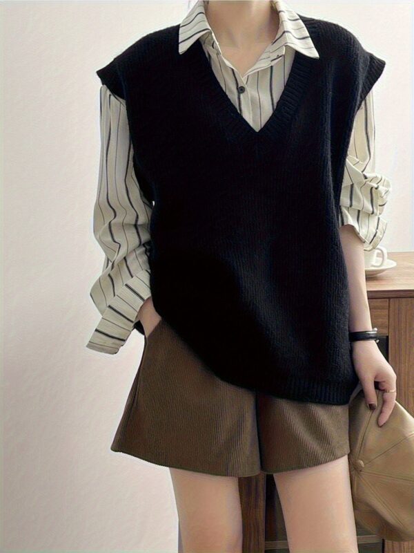 Solid V Neck Knitted Vest - Image 3