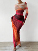 Fashion Mesh Printing Pleated Sexy Tight Split Crewneck dress