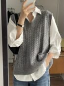 Solid V Neck Cable Knit Vest