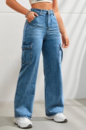 Women's Casual Wide Leg Denim Cargo Pants, Fashion Plain Jeans With Side Pockets, High Waist And Relaxed Fit For Fall