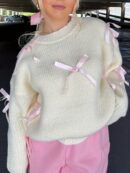 1pc Y2K Style Women'S Acrylic Knit Pullover Sweater - Crew Neck, Long Sleeve, Solid Color with Satin Bow Accents, Medium Stretch Fabric, Regular Length - Spring/Fall Fashion