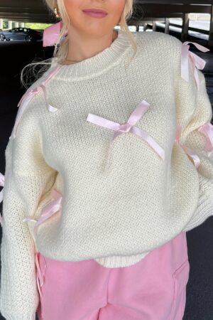 1pc Y2K Style Women'S Acrylic Knit Pullover Sweater - Crew Neck, Long Sleeve, Solid Color with Satin Bow Accents, Medium Stretch Fabric, Regular Length - Spring/Fall Fashion