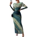 Fashion Mesh Printing Pleated Sexy Tight Split Crewneck dress