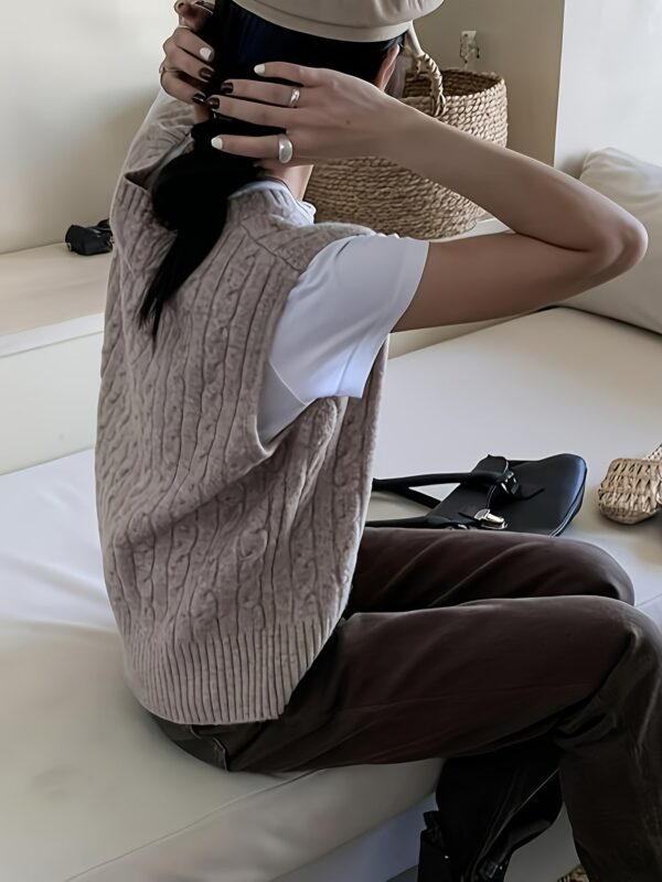 Solid V Neck Cable Knit Vest - Image 6
