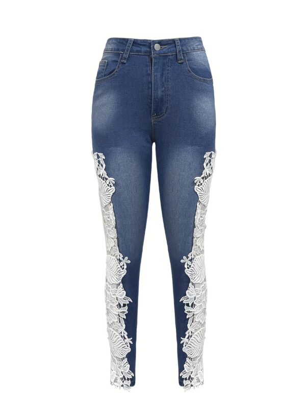 Vibrant Hollow Out Lace Contrast Jeans - Image 2