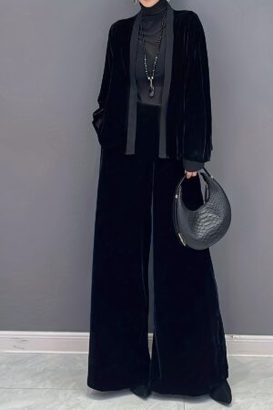2 Pcs Velvet Solid Color Long Sleeve Open Front Top & Wide Leg Pants Outfit, Women's Clothing