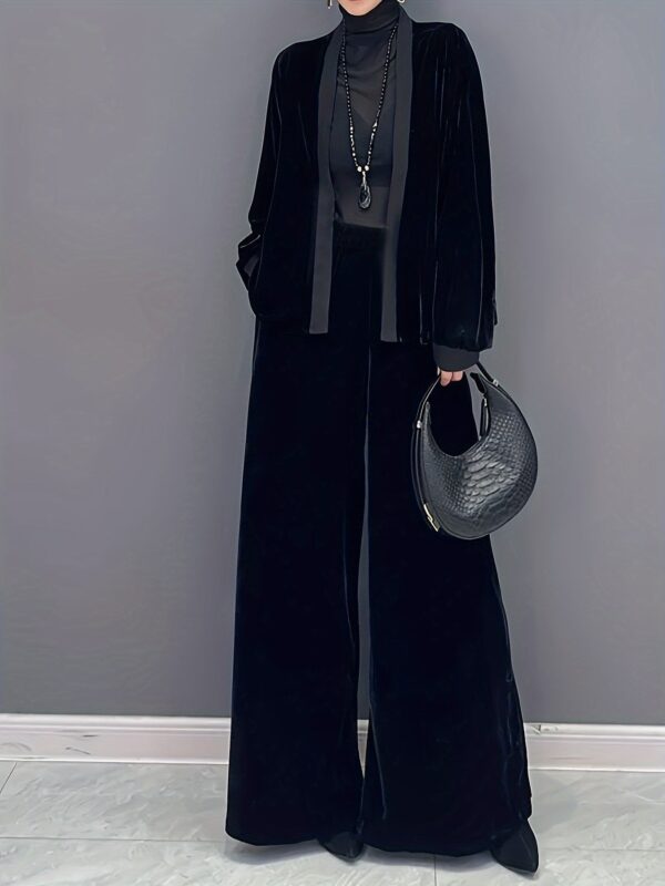 2 Pcs Velvet Solid Color Long Sleeve Open Front Top & Wide Leg Pants Outfit, Women's Clothing