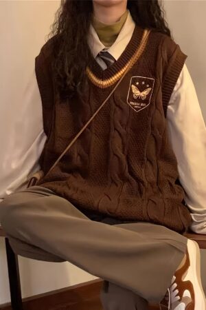 Vibrant Butterfly Pattern Cable Knit V Neck Vest