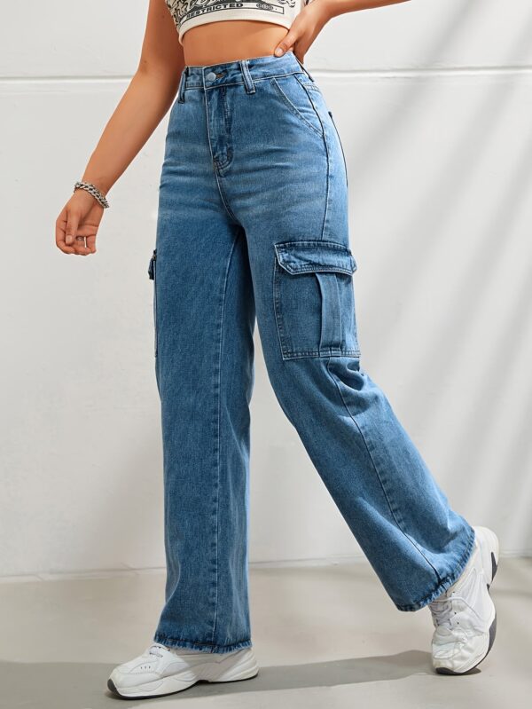 Women's Casual Wide Leg Denim Cargo Pants - Image 6