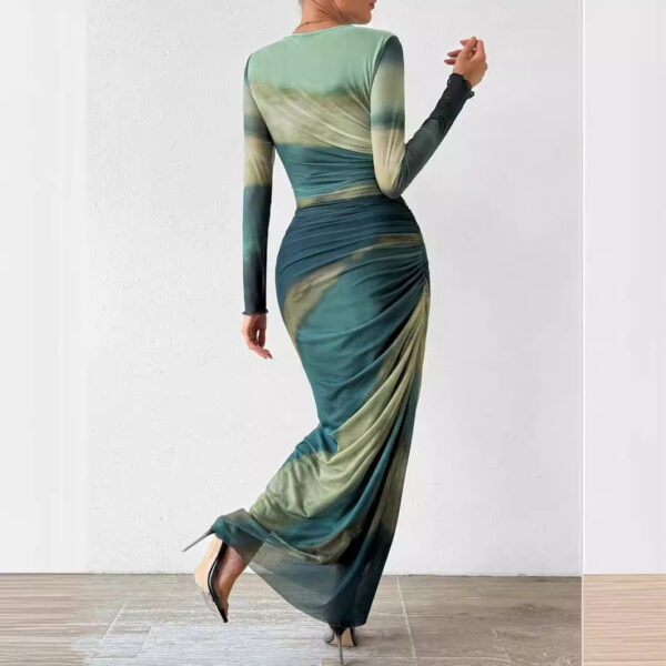 Fashion Mesh Printing Pleated Sexy Tight Split Crewneck dress - Image 2