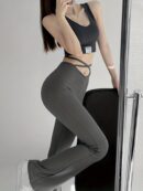 Solid Black High Waist Flare Leggings with Open Navel Criss Cross Straps
