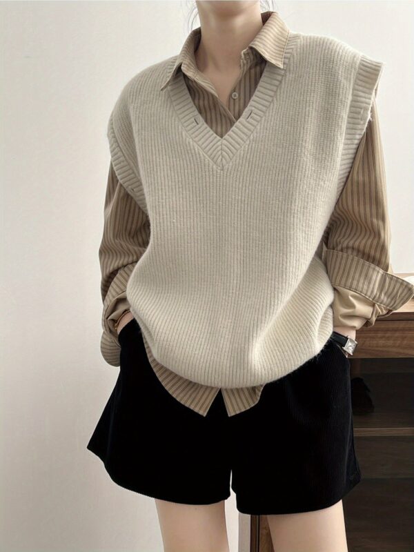 Solid V Neck Knitted Vest - Image 2