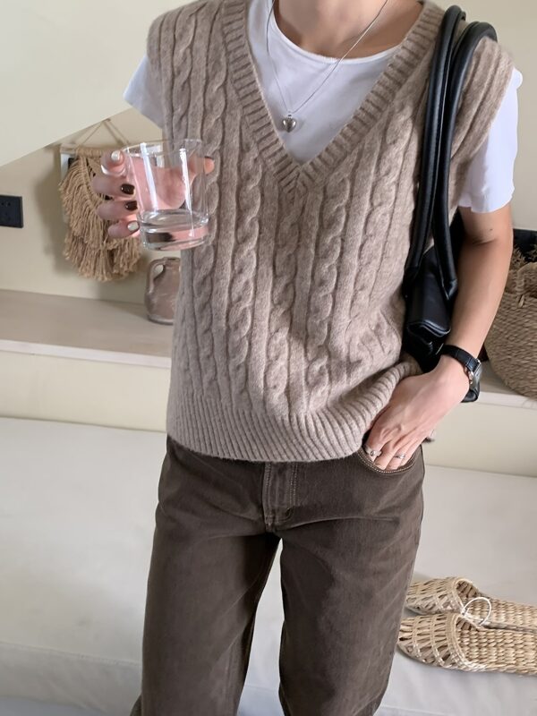 Solid V Neck Cable Knit Vest - Image 2