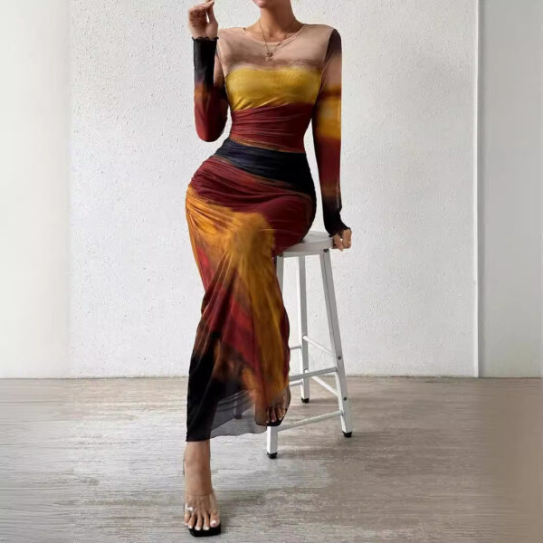 Fashion Mesh Printing Pleated Sexy Tight Split Crewneck dress - Image 4