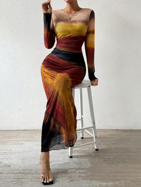 Fashion Mesh Printing Pleated Sexy Tight Split Crewneck dress - Image 9
