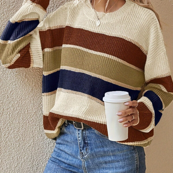 1pc Acrylic Elegant Women's Color Block Striped Pullover Sweater - Image 8