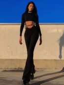 Solid Black High Waist Flare Leggings with Open Navel Criss Cross Straps