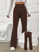 Elegant Ribbed Polyester Long Pants - High Elasticity, Solid Chic, Easy Care, Perfect for Spring & Fall