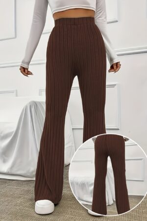 Elegant Ribbed Polyester Long Pants - High Elasticity, Solid Chic, Easy Care, Perfect for Spring & Fall