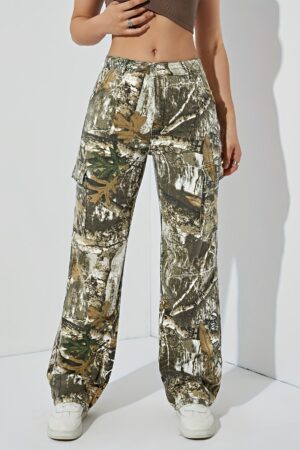 High Waist Leaf Print Cargo Pants - Straight Leg