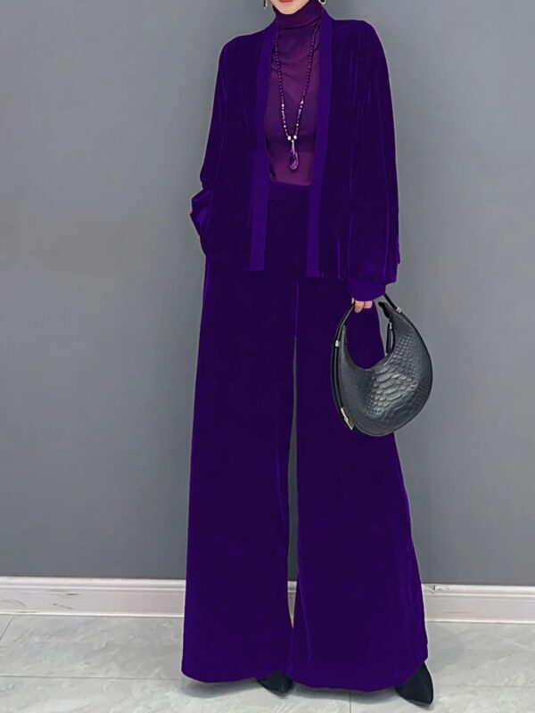 2 Pcs Velvet Solid Color Long Sleeve Open Front Top - Image 3