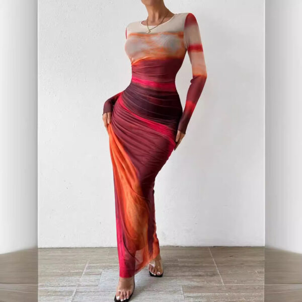 Fashion Mesh Printing Pleated Sexy Tight Split Crewneck dress - Image 3