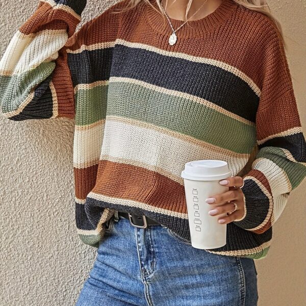1pc Acrylic Elegant Women's Color Block Striped Pullover Sweater - Image 6