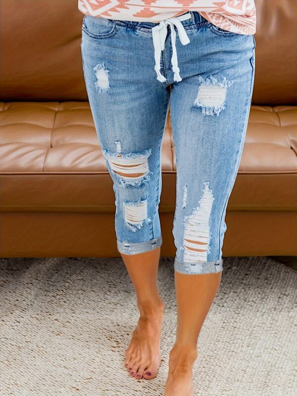 Mid-Calf Beach Distressed Denim Capri Pants - Image 3