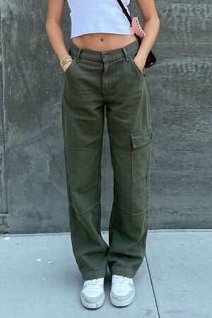 Wide Leg One Side Square Pocket Cargo Pants, Denim Loose Baggy Fit Straight Legs Trousers, Y2K Kpop Vintage Style Women's Jeans